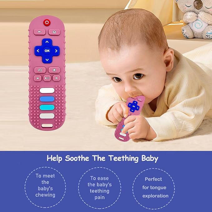 Baby Teething Toys, Food Grade Silicone Teether for Babies 3 6 12 18 Months, TV Remote Shape Toddlers Chew Toys, Freezer BPA Free (Pink RC)