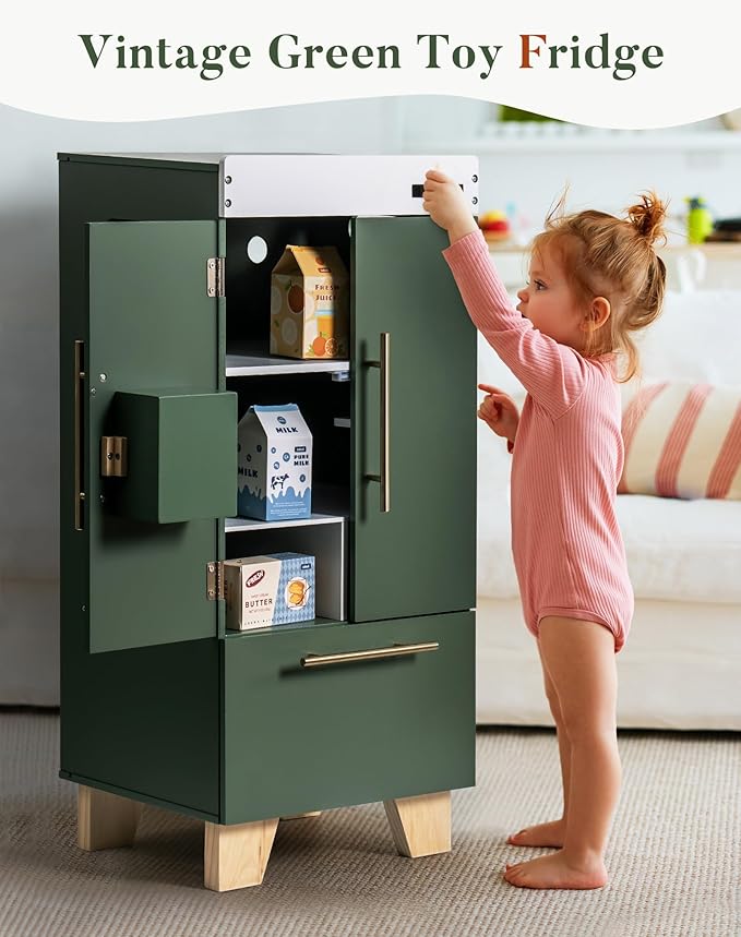 ROBUD Kids Play Kitchen - Vintage Green Refrigerator for Kids Kitchen Playset with Accessories - Pretend Toddlers' Kitchen Toy Fridge - Perfect Baby Gift for Ages 3+, Vintage Green