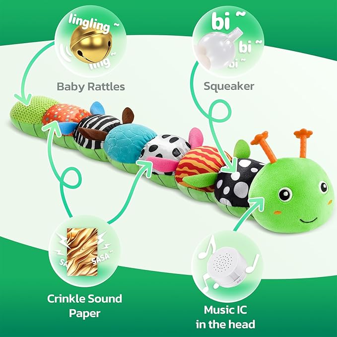 HEMRLY Baby Gifts Toys, Sensory Toy 0-6 Months, Musical Stuffed Caterpillar Plush with Soft Teether, Rattle for Tummy Time, Infant Car Seat Toy for 0-3-6-12 Month Boys Girls Gifts - Spotted Green