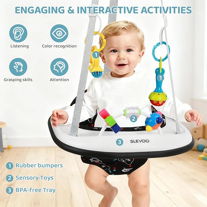 Slevoo Baby Jumper, Baby Door Jumper with Bumper, Play Tray and Two Jingle Rattles, Quiet Bear