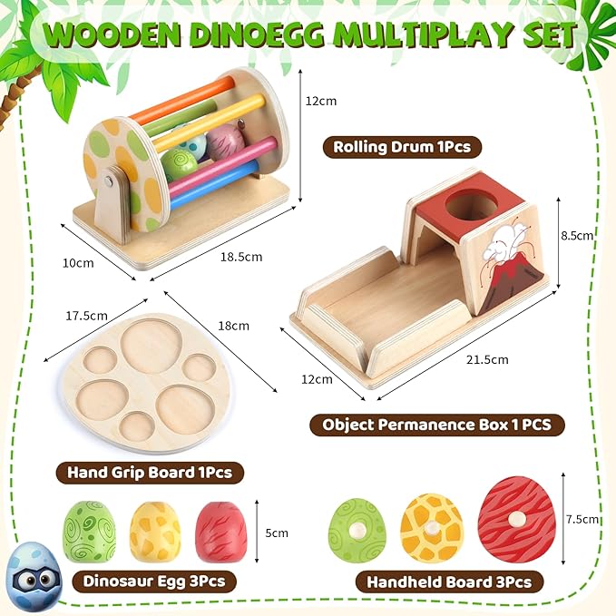 Montessori Toy Wooden Baby Toy Dinosaur Egg Toy, Spinning Drum, Object Permanence Box Ball Drop Toy, Stacking Matching Shape Puzzle Game Early Learning Gift Christmas Birthday for Toddlers