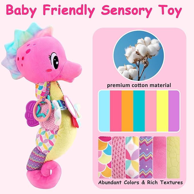 Baby Girl Toys 0-6 3-6 Months Musical Stuffed Animal Plush Pink Seahorse for Infant Tummy Time 6-12 Month with Baby Mirror Sensory Newborn Crinkle Developmental Toy Birthday Shower Gifts 0-3 4 5 Month