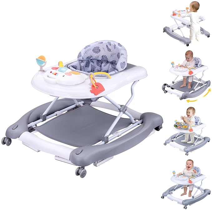 5 in 1 Foldable Baby Walker, Activity Baby Walker-Baby Bouncer, Rocker, Activity Center,Seat and Push Walker,Detachable Trampoline Mat, Adjustable Speed Rear Wheels and Height,Ages 6-18 Months(Grey)