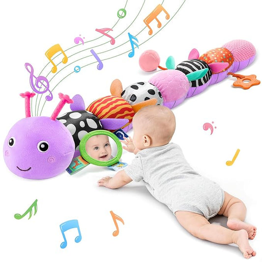 Baby Toys Sensory Musical Animal Stuffed Toy for Infant 0-3-6-12 Months Tummy Time Newborn, Plush Caterpillar with Mirror,Crinkle,Rattle Teething Toys for Baby Boys Girls Shower Gifts, Purple