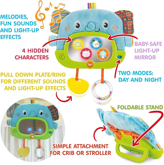 Bambiya Baby Tummy Time Mirror for Floor, Crib, Play Gym & Stroller - Soft Elephant Baby Mirror w/Hidden Characters – Daytime Play & Nighttime Lullaby Modes – 0+ Months