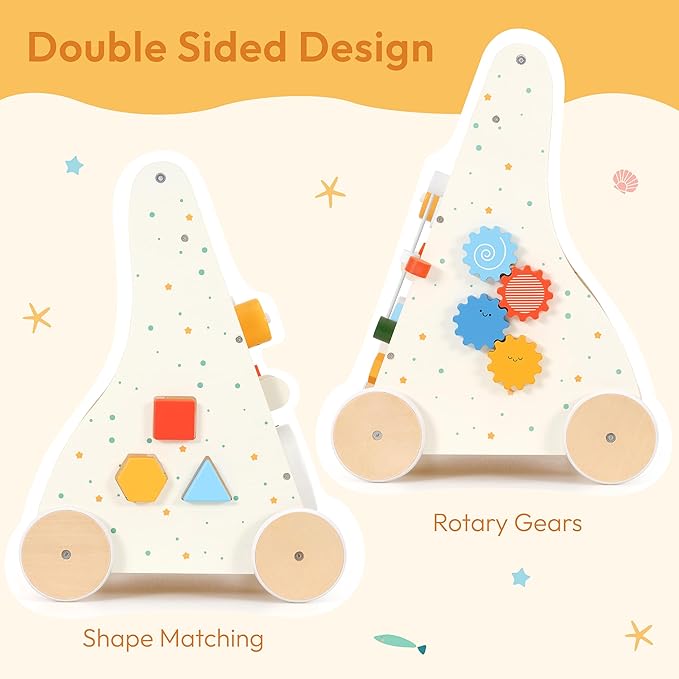 Wooden Baby Walker, Montessori Activity Center Adjustable Speed Baby Push Walker with Blocks & Shape Sorter, Learning Toy for Toddlers 1 2 3 Year Olds