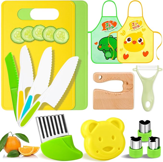 15 PCS Montessori Kitchen Tools, Toddler Knife Set for Real Cooking Kids Kitchen Knife Wooden Safe Knife Serrated Edges Plastic Toddler Knife Cutting Board Aprons Crinkle Cutters