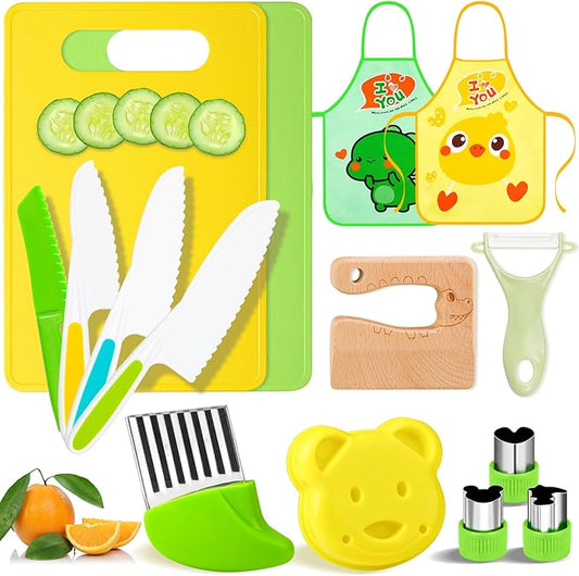 15 PCS Montessori Kitchen Tools, Toddler Knife Set for Real Cooking Kids Kitchen Knife Wooden Safe Knife Serrated Edges Plastic Toddler Knife Cutting Board Aprons Crinkle Cutters