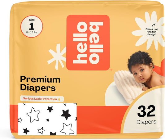 Hello Bello Diapers, Size 1 (8-12 lbs) Superstars, 32 Count of Premium Disposable Baby Diapers, Hypoallergenic with Soft, Cloth-Like Feel
