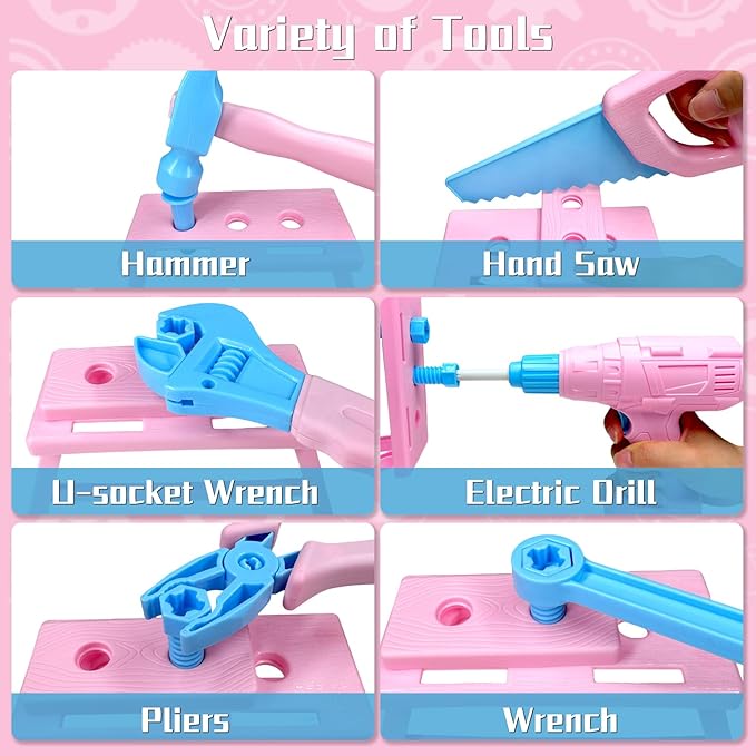 Kids Tool Set 55Pcs Tool Box Toddler Tool Kit for Girls Play Tools Toy with Tool Belt Electronic Toy Drill Safety Vest Pretend Play Construction Toy for Girls Boys Ages 3 4 5 6 7 Years Old