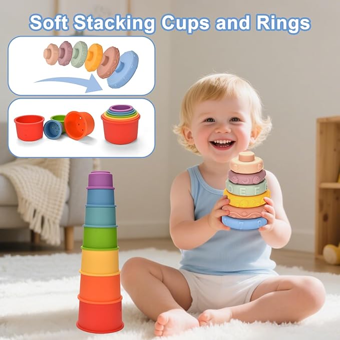 Montessori Toys for 1 Year old,Baby Toys 6-9-12 Months,7 in 1 Sensory Teething Toy for Toddlers Aged 1-3,Stacking Cups Building Blocks,Teething Pull String,Eggs Toys for 6-9-12-18 Months Baby Gifts