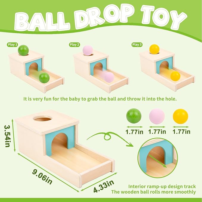 Adena Montessori Wooden Toy for 6-12 Month Baby 3 Balls with Tray, Object Permanence Box Colorful Learning Education Toy for Toddler Kid 1-2 Year Old, Preschool Developmental Girl and Boy Gift