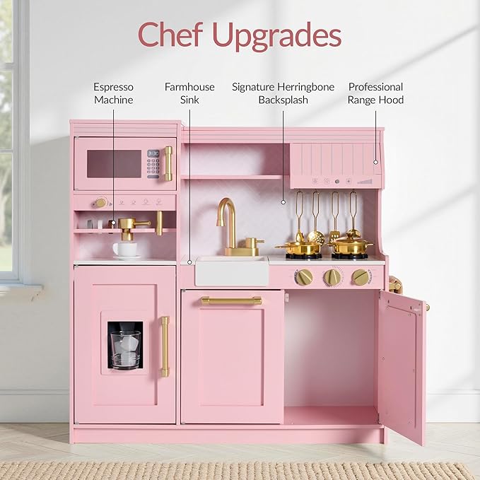 Best Choice Products Pretend Play Kitchen for Kids, Interactive Wooden Toddler Playset with Espresso Machine, Toy Storage, 17 Accessories - Pink