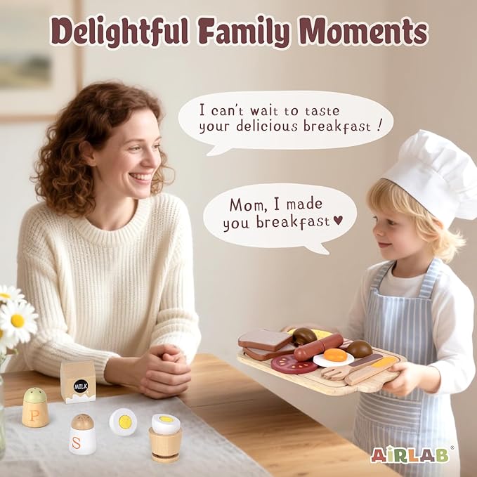 Airlab Toy Food for Toddler 3-5 Pretend Play Kids Kitchen Playset Breakfast Cutting Food Girl Boy Birthday Gift Age 3 4 5 6 Year Old Wood Educational Toys Kitchen Accessories