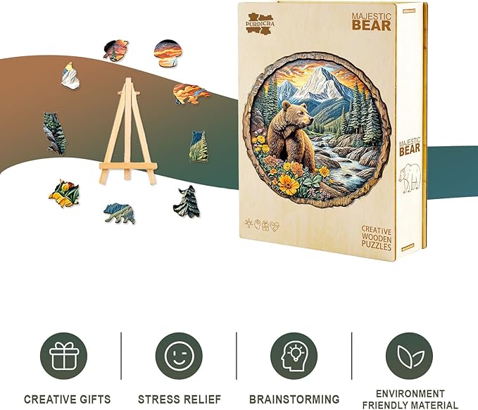 Wooden Puzzles for Adults, Majestic Bear Jigsaw Puzzles with Unique Animal Shape, Wood Challenging Puzzles Ideal for Adults, Christmas Birthday Gifts for Family Puzzle Game Lovers, 13.4"x13" - 290pcs