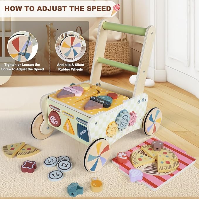 Wooden Baby Walker with Wheels, Montessori Kitchen Walking Toys, Pretend Play Grocery Toys, Sorting and Stacking Toys for Infants and Toddlers, Push and Pull Learning Activity Walkers