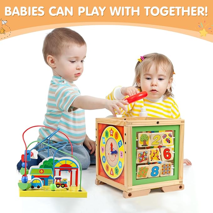 Wooden Activity Cube 6 in 1 Montessori Educational Learning Sensory Toys for 1 Year Old 12-18 Months Boys Girls First Birthday Gifts for Baby Toddler Toys Age 1-2 Bead Maze Shape Sorter Abacus