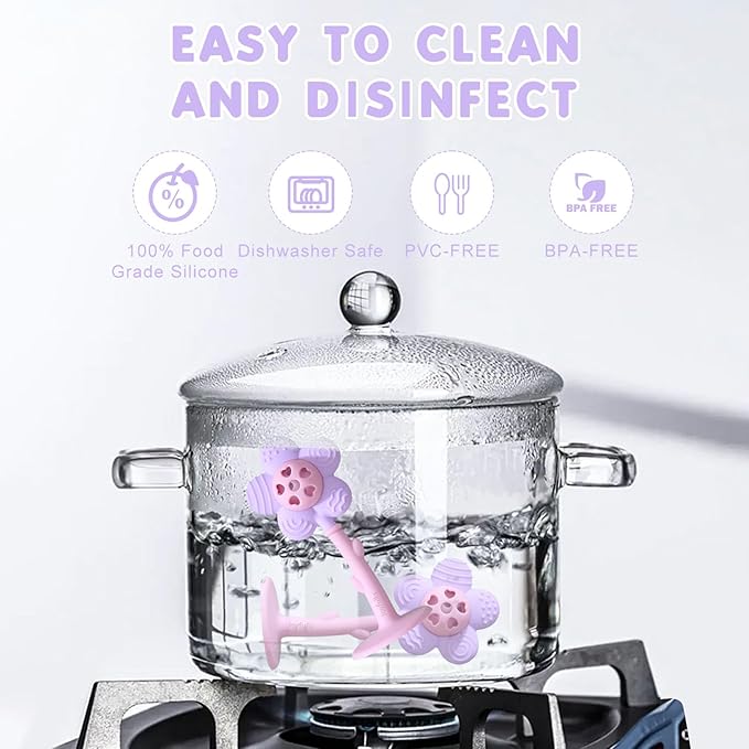 Baby Teething Toys 3-6 Months, Teether and Sensory Rattle for Babies 0-6 Months, Food Grade Silicone Teethers 6-12 Months, Infant Teething Relief Chew Toys, Sunnyflower Teether Toy BPA Free - Purple