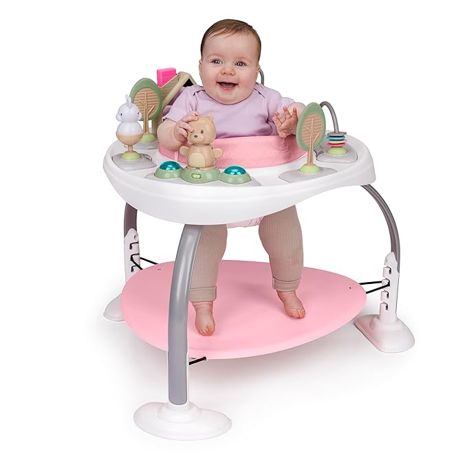 Ingenuity Spring & Sprout 2-in-1 Baby Activity Center Jumper and Table with Infant Toys - Ages 6 Months +, First Forest in Pink