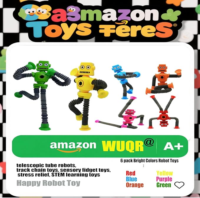 12PCS Robot Suction Cup Toys Pop Tubes，Stress Relief Fun Robot-Shaped Suction Cup Toys for Ages 3+，Autism Sensory Products,Sensory for Kids with Autism，Christmas Easter