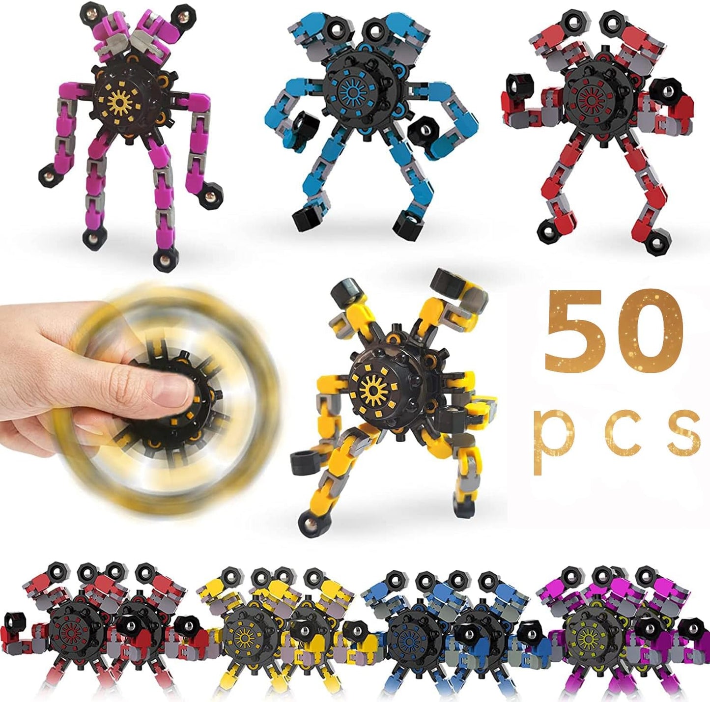 50pcs Random Fidget Spinners,DIY Deformable Robot Fingertip Toys,Decompression Spinner,Deformable Creative Mechanical Gyro Toys,Stress Relief Mechanical Chain Toy for Kids Adults，Party Supplies