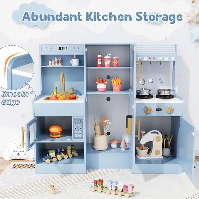 MAMIZO Wooden Play Kitchen for Kids, Toddler Toy Kitchen Playset, Large Interactive Pretend with 6 Kitchenware, Realistic Water Dispenser & Hood w/Lights & Sounds, Sink, Stove, Oven, Microwave (Blue)