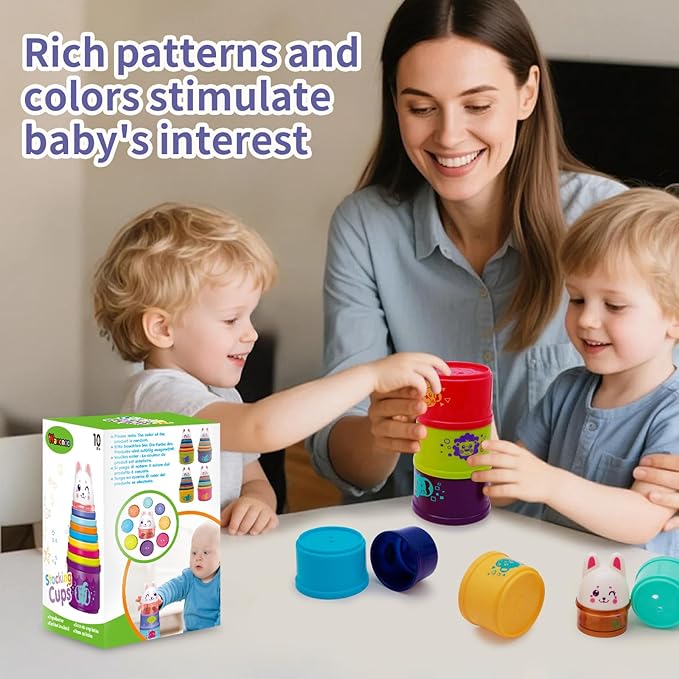 Bunny Baby Stacking Cups for Toddlers 1-3, Stacking Toys Plastic Stackable Cups for Babies 6-12 12-18 Months Toddler Toys 1-2 Nesting Color Learning Montessori Toy Gift for 1 Year Old Boy Girl