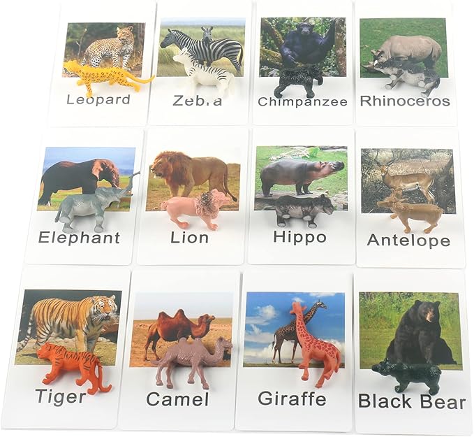 MEROCO Montessori Zoo Safari Animal Match - Miniature Figurines with 2 Part Matching Cards Montessori Language Materials Preschool Learning Toy NEWTT004