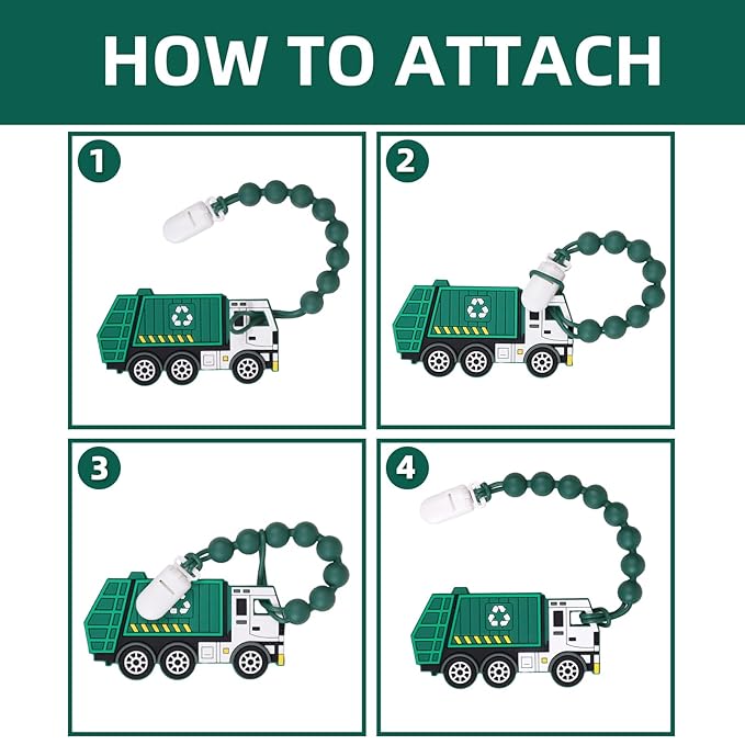 Baby Food Grade Silicone Carrier Vehicle Teether Toy with Pacifier Clip Holder,Teething Toys Gift Set for 3 Months+ Boys and Girls,Freezer Safe,BPA Free.(Garbage Truck)