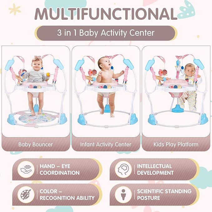 Baby Activity Center, 3-in-1 Baby Jumper, Infant Activity Center with 360° Rotating Seat, Music, Lights, 3 Adjustable Heights, Infant Activity Jumper for 6+ Months JP2402
