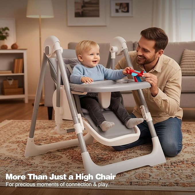 High Chairs for Babies and Toddlers Convert to Baby Swings Foldable High Chair Adjustable Convertible with Reclining Seat & Leg Rest, 3-in-1 with Tool-Free Assembly (Grey)