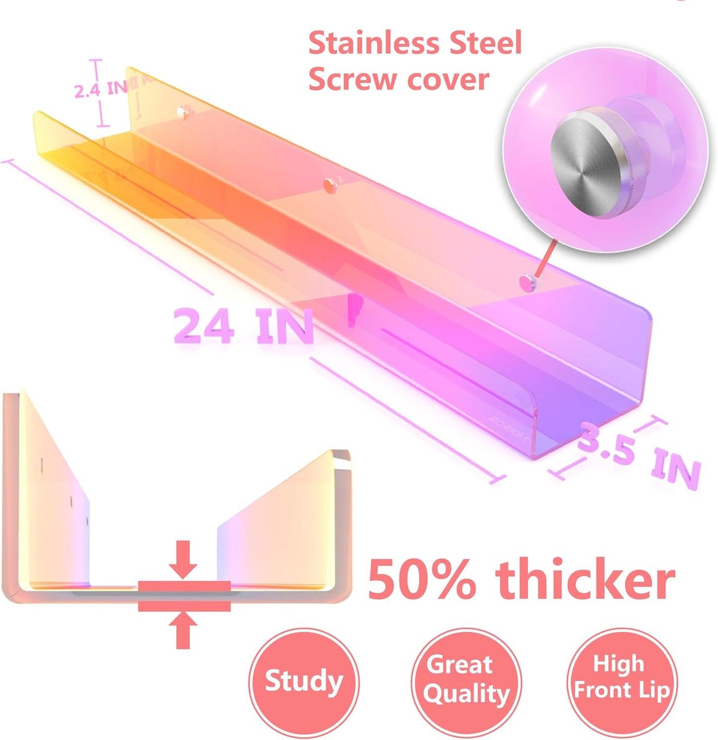 24 inches Iridescent Acrylic Bookshelf, Wall Mounted Display for Kids Room, Nursery, Toddler, Classroom (2 Packs)