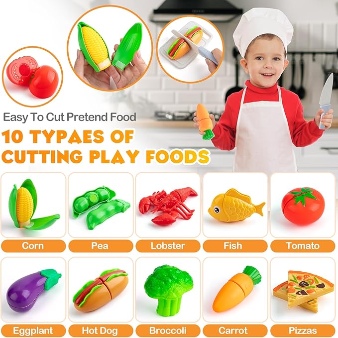Kids Play Kitchen Accessories, 42Pcs Toddlers Pretend Toy Kitchen Playset Cooking Sets with Pressure Pots and Pans, Cookware, Utensils, Cutting Play Food Preschool Education Toys Gift for Girls Boys