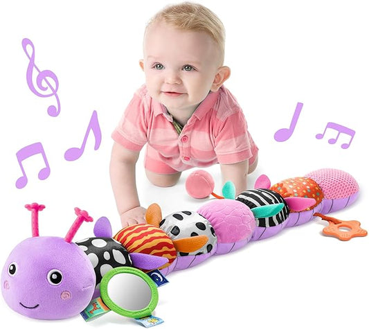 LIGHTDESIRE Baby Toys 6-12 Months Musical Caterpillar,Infant Toys Stuffed Animals with Ruler Design Mirror,Pull String,Crinkle&Rattles,Teething Toys for Tummy Time, Boy Girl Gifts 0-12 Months(Purple)