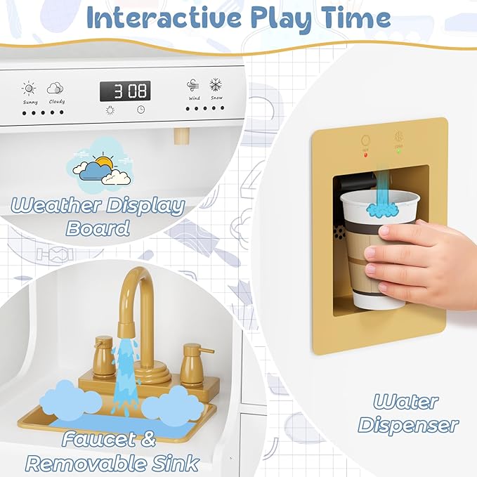 MAMIZO Wooden Play Kitchen for Kids, Toddler Toy Kitchen Playset, Large Interactive Pretend with 6 Kitchenware, Realistic Water Dispenser & Hood w/Lights & Sounds, Sink, Stove, Oven, Microwave (White)