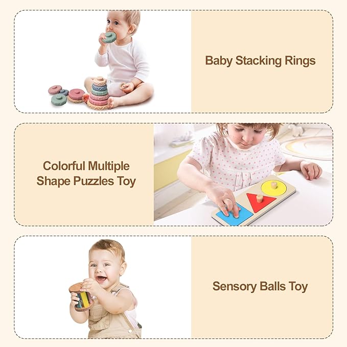 Montessori Toys for Babies 6-12 Months,8 in 1 Developmental Learning Toys Set Wooden Sensory Toys for Baby Toys 12-18 Months (Includes Tissue Box Toy,Stacking Cups and More)