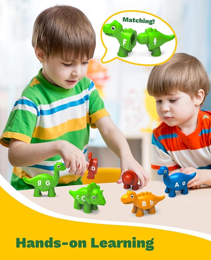 26PCS Dinosaur Alphabet Learning Toys for 18M+, Montessori Educational Toys for 3 4 5 Year Old, Toddlers Preschool Activities Fine Motor Toys for Boys, Double Sided ABC Matching Game