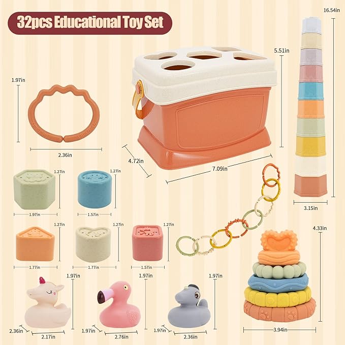 Shape Sorter Baby Toys 5 in 1 Montessori Toy, Shapes for Sorting Play for Infants Ages 6-48 Months, Stack & Count Cups, Rings Toy Links, Sensory Learning Toy Set Babies Birthday Gift