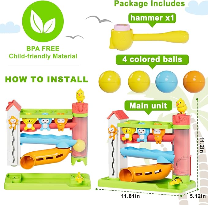 Toddler Musical Toys for 1+ Years Old Boy,Motor Skills Developmental Baby Toy 12-18 Months,Bilingual Toddler Learning Ball Drop Toy， Birthday Gift Toys for 1 2 Year Old Boys & Girls(Green)