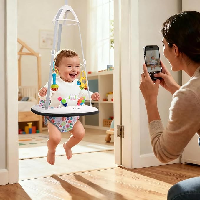 Slevoo Baby Jumper, Baby Door Jumper with Bumper, Play Tray and Two Jingle Rattles, Joyful Bubbles