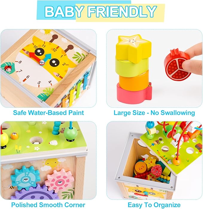 Wooden Activity Cube | 10-in-1 Montessori Toys | Multipurpose Baby Educational Developmental Toy | Bonus Shape sorter & Ball Coin Stick Drop Game | Birthday Gift for Baby Boys Girls