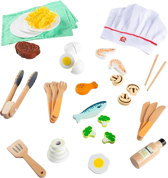 Hibachi Grill Wooden Kids Playset w/ Stools, Table Settings and Over 25 Toy Food Pieces - Noodles, Tongs, Meats, Veggies - Everything Your Little Chef Needs for Pretend Play Indoor Japanese Restaurant