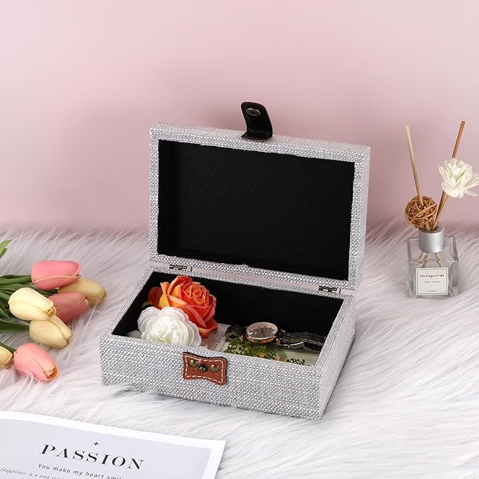 Hipiwe Jewelry Storage Box Treasure Chest Wooden Box with Linen Covered Rectangular Gray Keepsake Case with Clasp Dcorative Photo Storage Organizer for Women Gift, Small