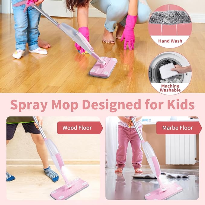 Kids Spray Mop,Toddler Mop Cleaning Set, Real Working Mini Mop & Kids Broom Dustpan Set, Housekeeping Pretend Play Toy, Montessori Kid Cleaning Toy Set Includes Organizer Clip -Pink