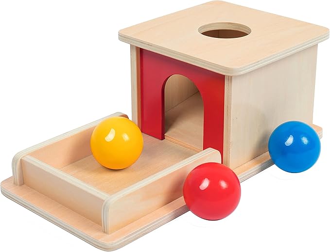 Adena Montessori Wooden Toy for 6-12 Month Baby 3 Balls,Object Permanence Box with red Door Colorful Learning Education Toy for Toddler Kid 1-2 Year Old, Preschool Girl and Boy Gift Full Size Typical