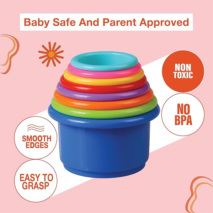 Colorful Stacking Cups for Babies and Toddlers, 8 PCS Nesting and Stackable Cups for Bath, Beach, Montessori Play, Early Learning and Fine Motor Skill Development - 8 Count