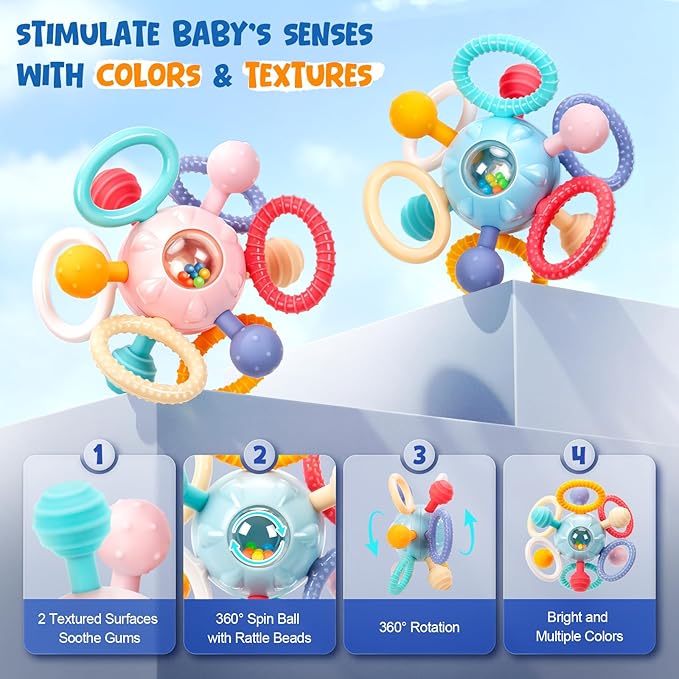 Baby Teething Toys for 0-6 6-12 Months, BPA Free Food Grade Silicone Teether, Infant Sensory Chew Rattles Toys, Gifts for Infant Newborn Boys Girls 0 3 6 9 12 18 Months, Sky Blue