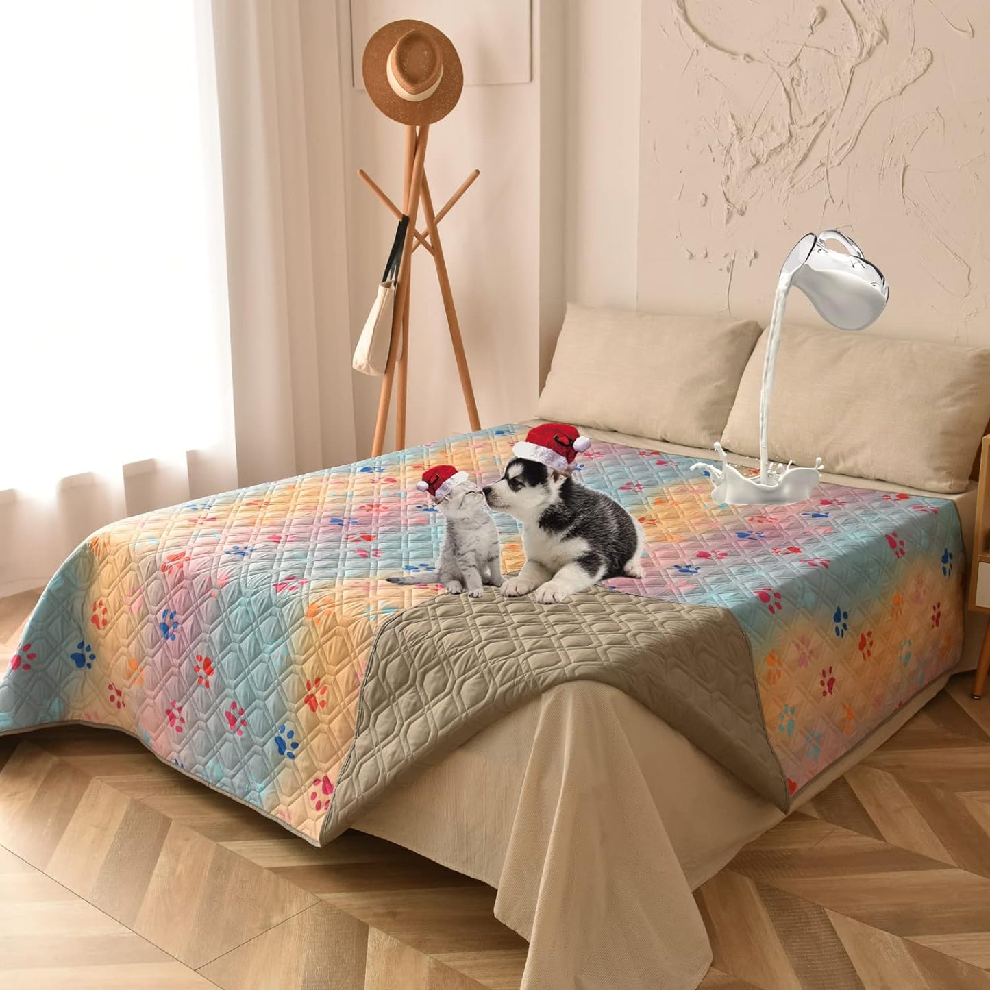 100% Waterproof Dog Bed Cover 68x82 inch Reversible Changing Pad Reusable Camping Mat for Kids/Pet/Dog/Cat Washable Geometric Embroidery Blanket Patchwork Rainbow Dog Paw Printed+Gray
