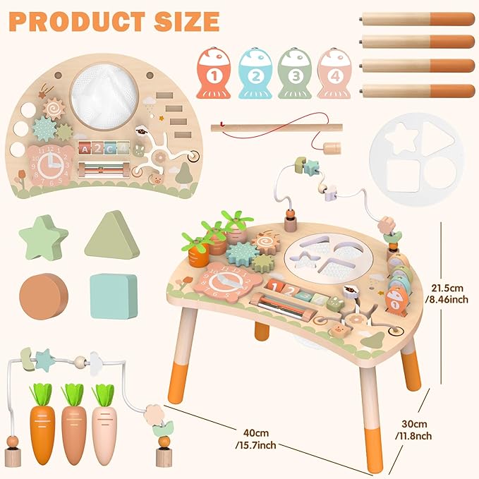 Activity Table, 9-in-1 Wooden Montessori Toy Activity Center with Shape Sorter Fishing Game Bead Maze, Baby Play Table Sensory Educational Toys for Toddler