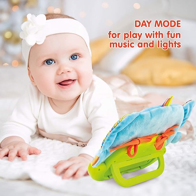 Bambiya Baby Tummy Time Mirror for Floor, Crib, Play Gym & Stroller - Soft Elephant Baby Mirror w/Hidden Characters – Daytime Play & Nighttime Lullaby Modes – 0+ Months